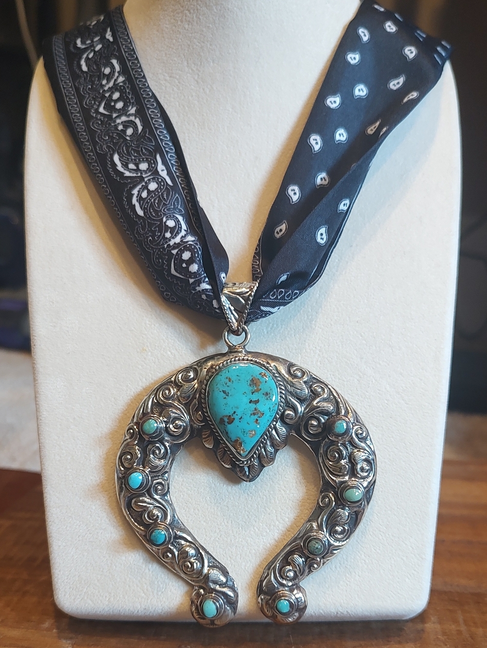 Turquoise Tibetan Naja Pendant With Black Silk Bandana Adjustable